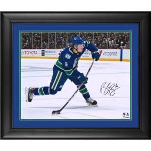 Brock Boeser Vancouver Canucks Framed Autographed 16" x 20" Blue Jersey Shooting Photograph