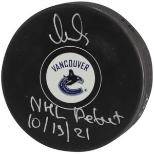 Vasily Podkolzin Vancouver Canucks Autographed Hockey Puck with "NHL Debut 10/13/21" Inscription